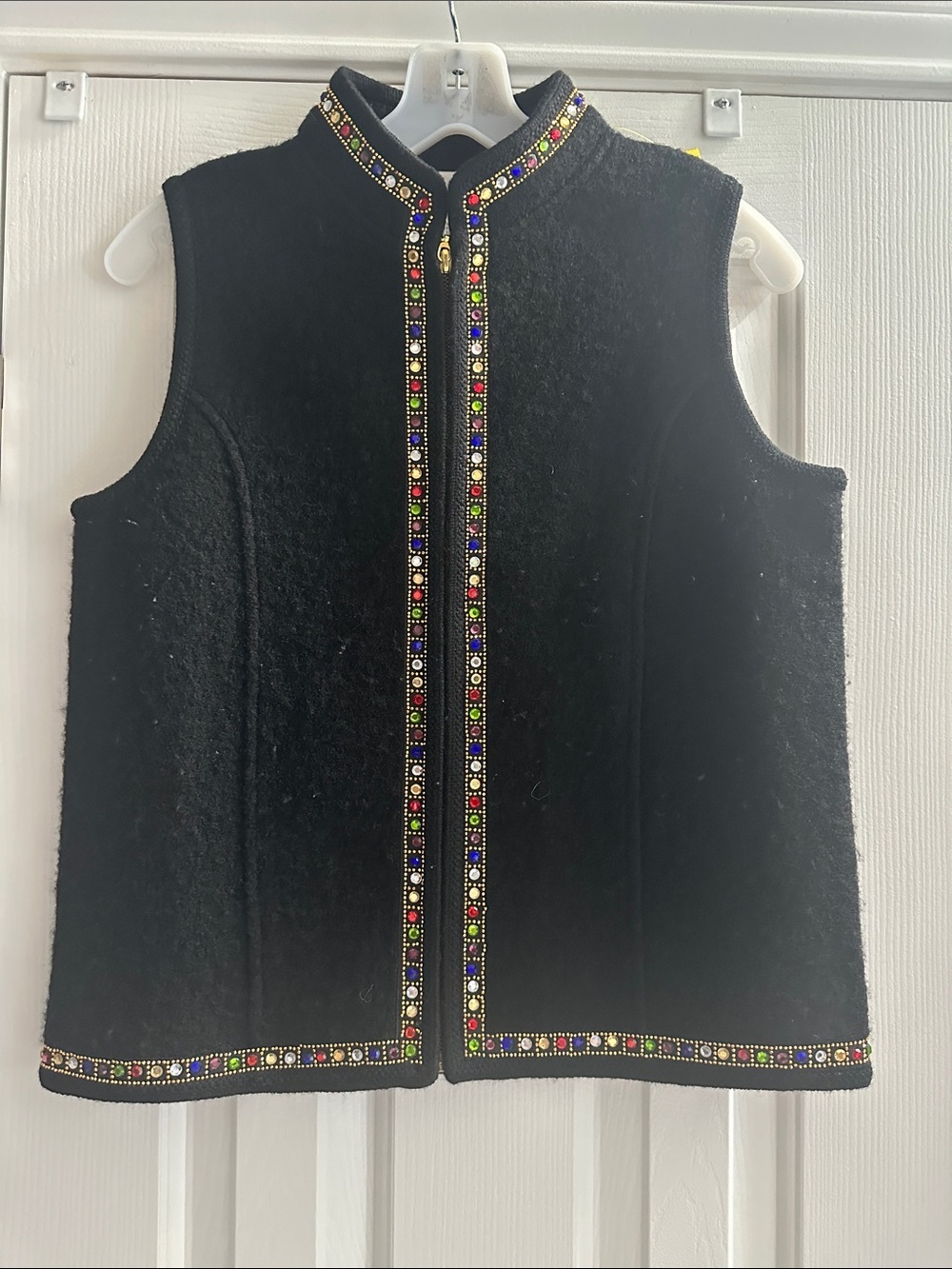 Vintage 90s Boiled Wool Bejeweled Black Vest Small Boho Bling Artsy Statement